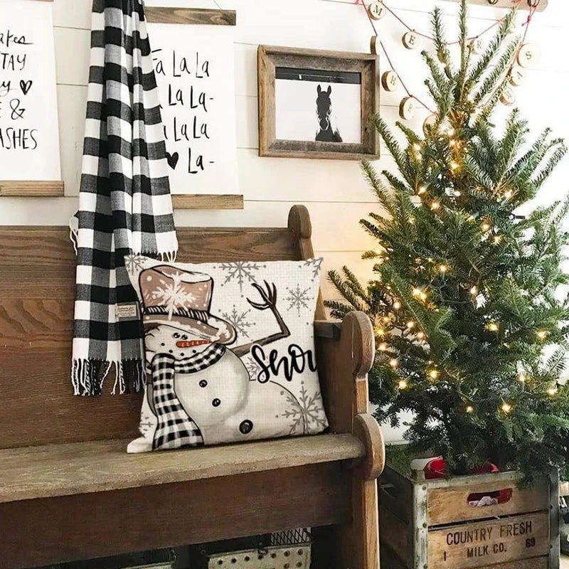 Linen Snowman Elk Xmas Pillow Cover