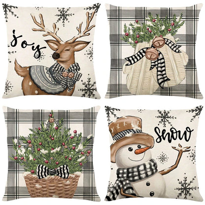 Linen Snowman Elk Xmas Pillow Cover