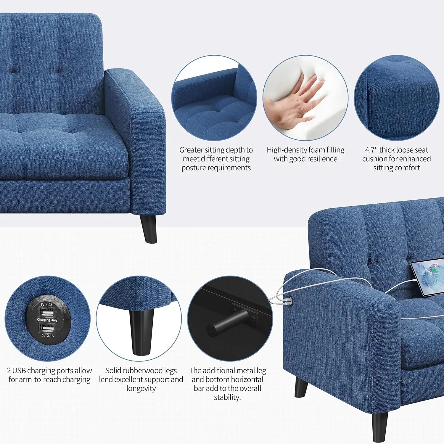 Modern 2-Seater Blue Fabric Sofa