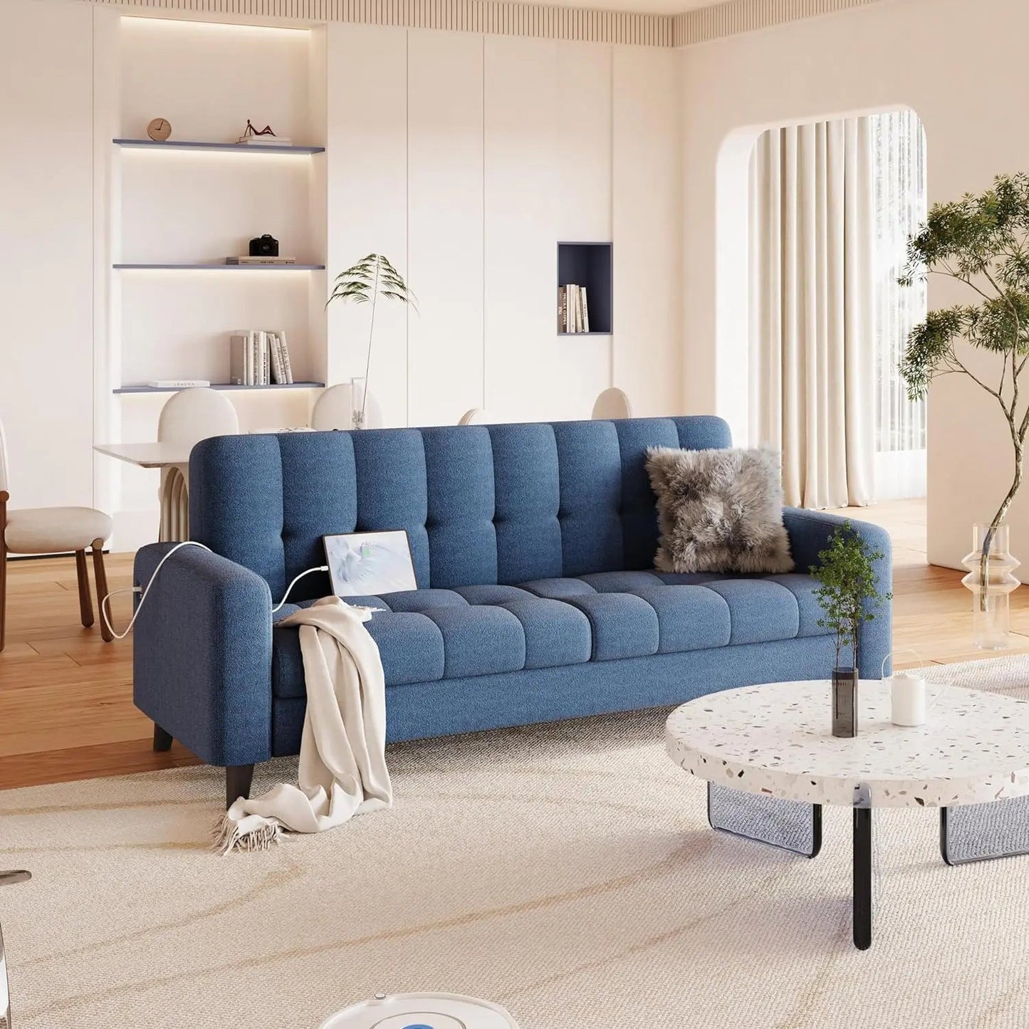 Modern 2-Seater Blue Fabric Sofa