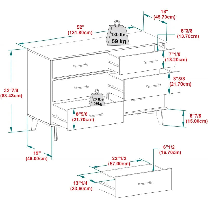 Modern Caramel Pine 6-Drawer Dresser