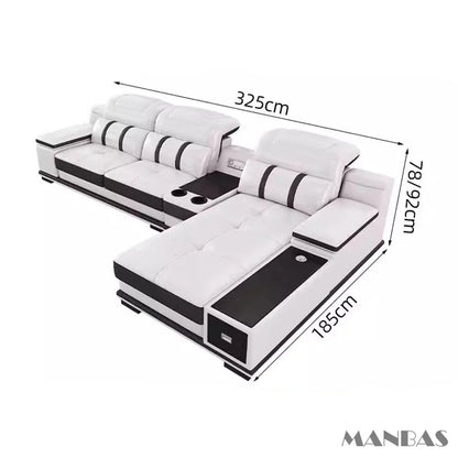 Modern Leather L-Shaped Sofa with Bluetooth