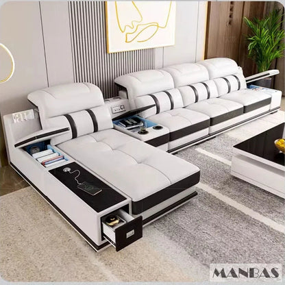 Modern Leather L-Shaped Sofa with Bluetooth