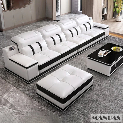 Modern Leather L-Shaped Sofa with Bluetooth