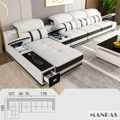 Modern Leather L-Shaped Sofa with Bluetooth