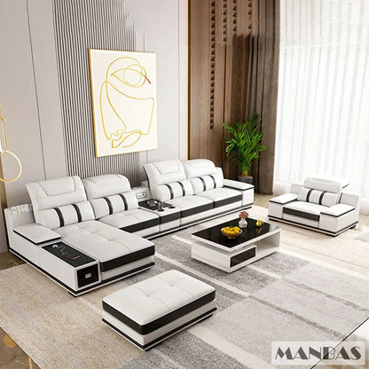 Modern Leather L-Shaped Sofa with Bluetooth