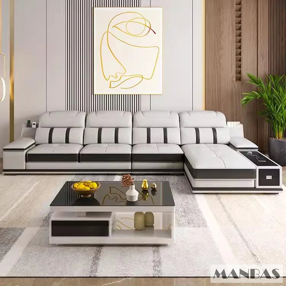 Modern Leather L-Shaped Sofa with Bluetooth