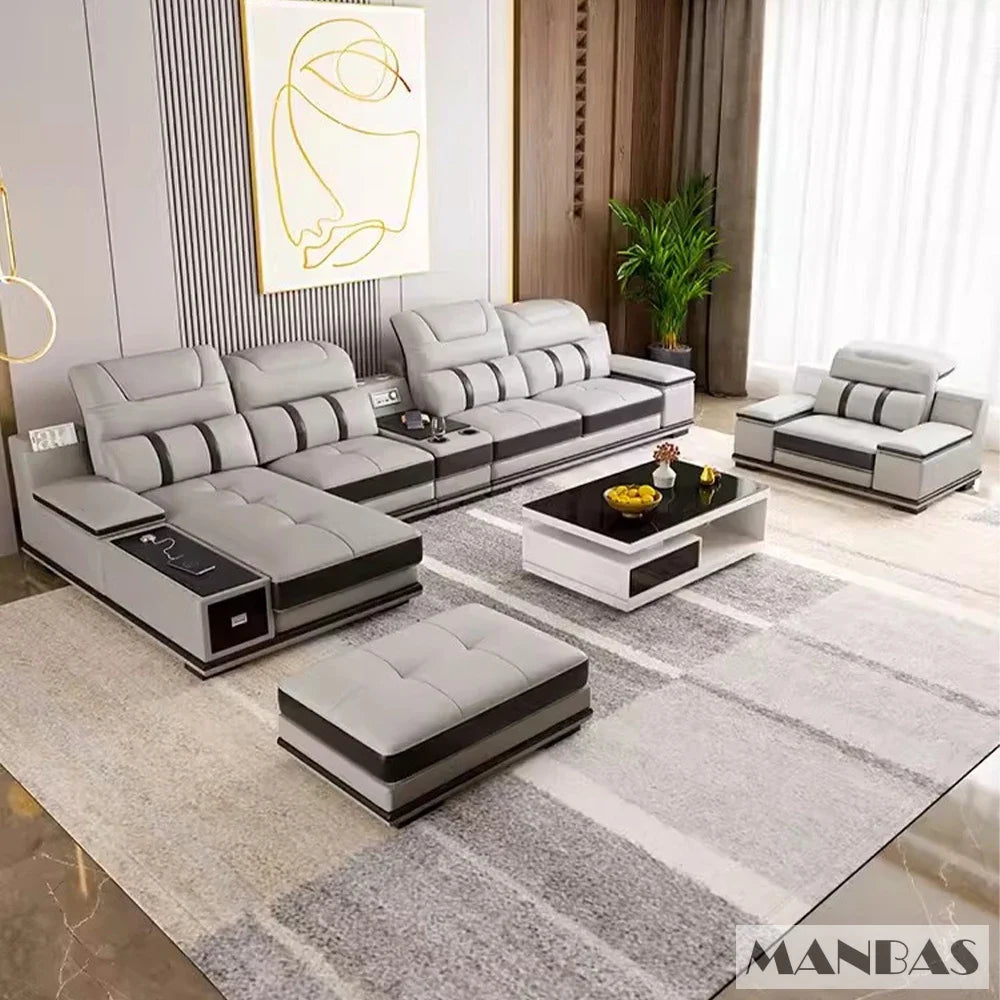 Modern Leather L-Shaped Sofa with Bluetooth