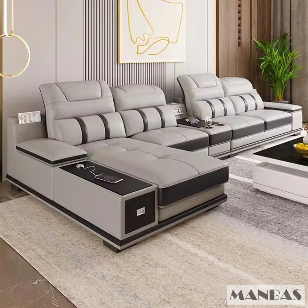 Modern Leather L-Shaped Sofa with Bluetooth