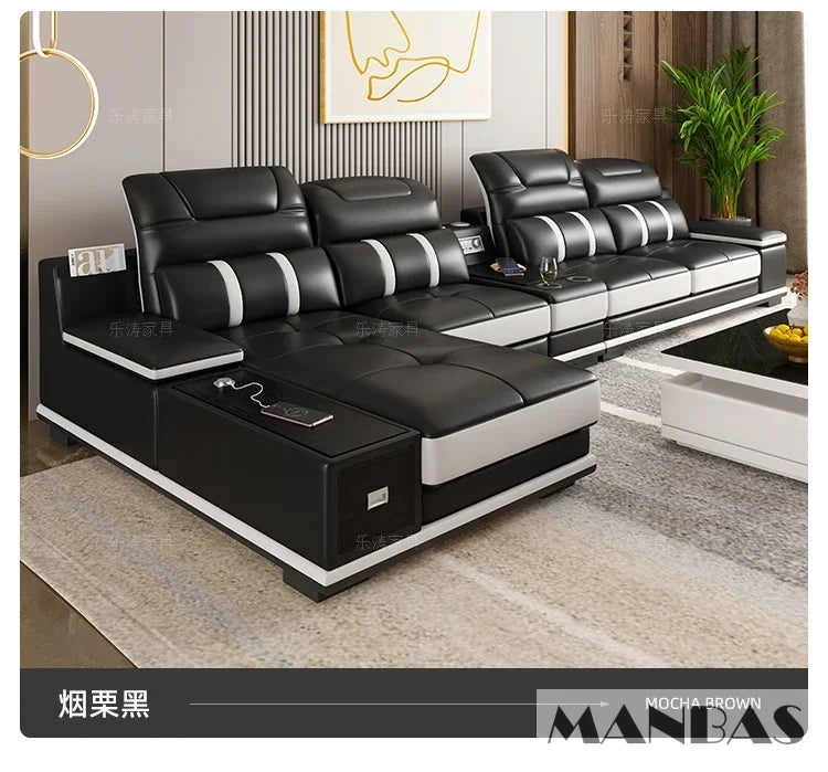 Modern Leather L-Shaped Sofa with Bluetooth