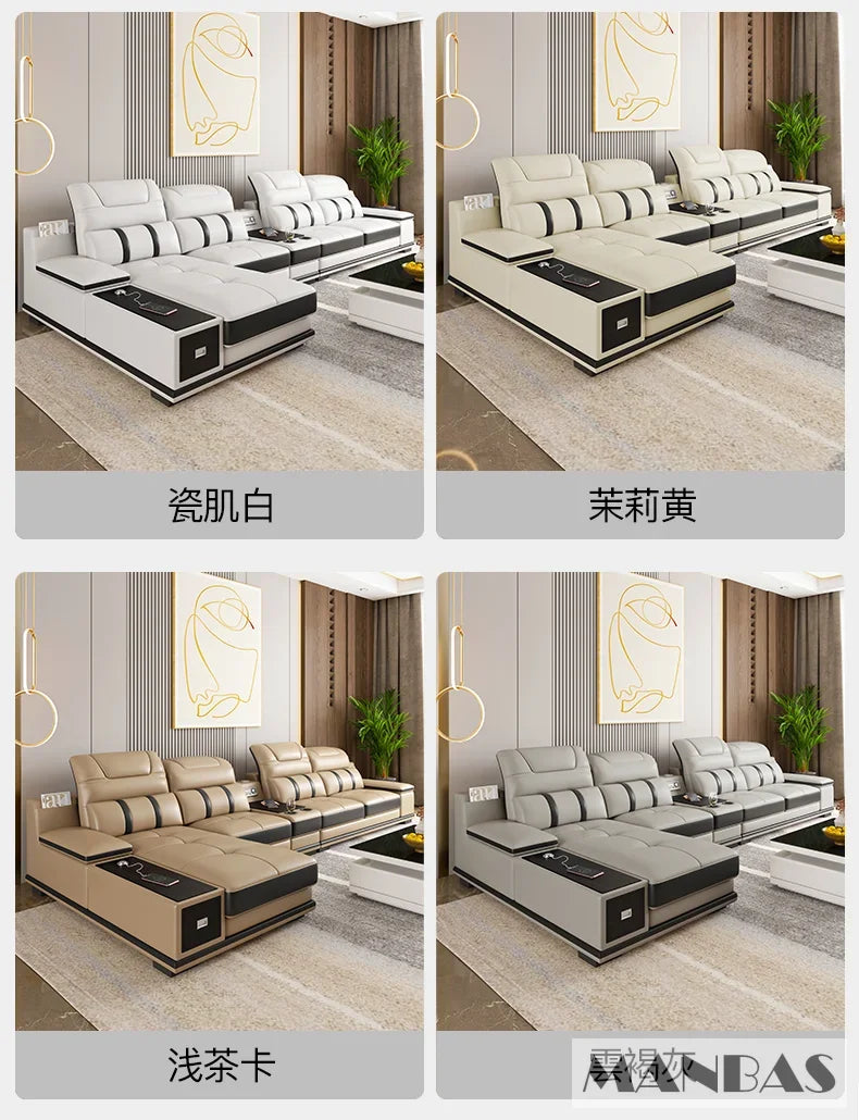 Modern Leather L-Shaped Sofa with Bluetooth