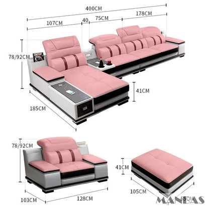 Modern Leather L-Shaped Sofa with Bluetooth