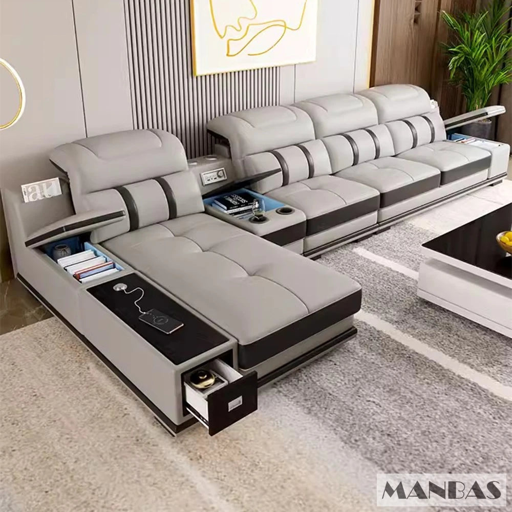 Modern Leather L-Shaped Sofa with Bluetooth