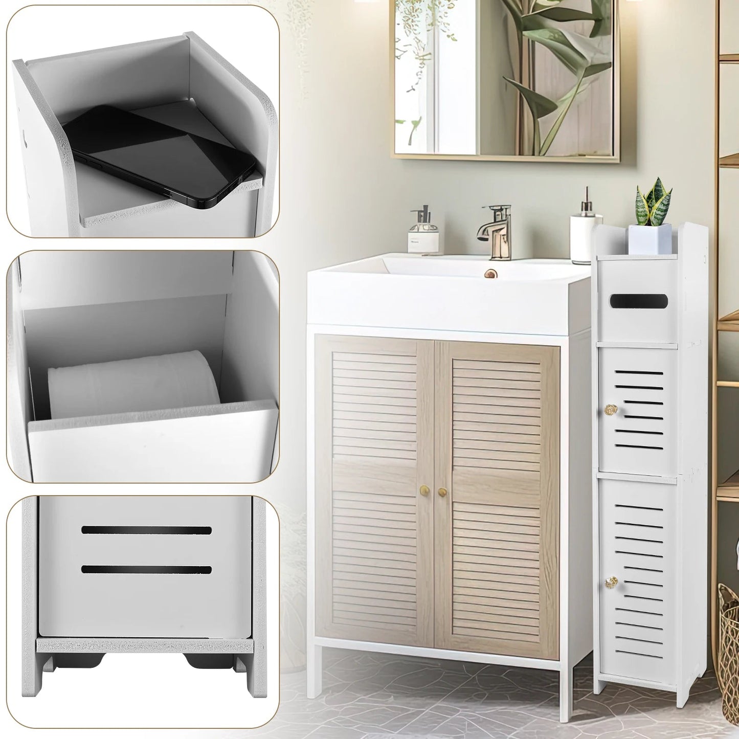 Narrow White Bathroom Storage Cabinet