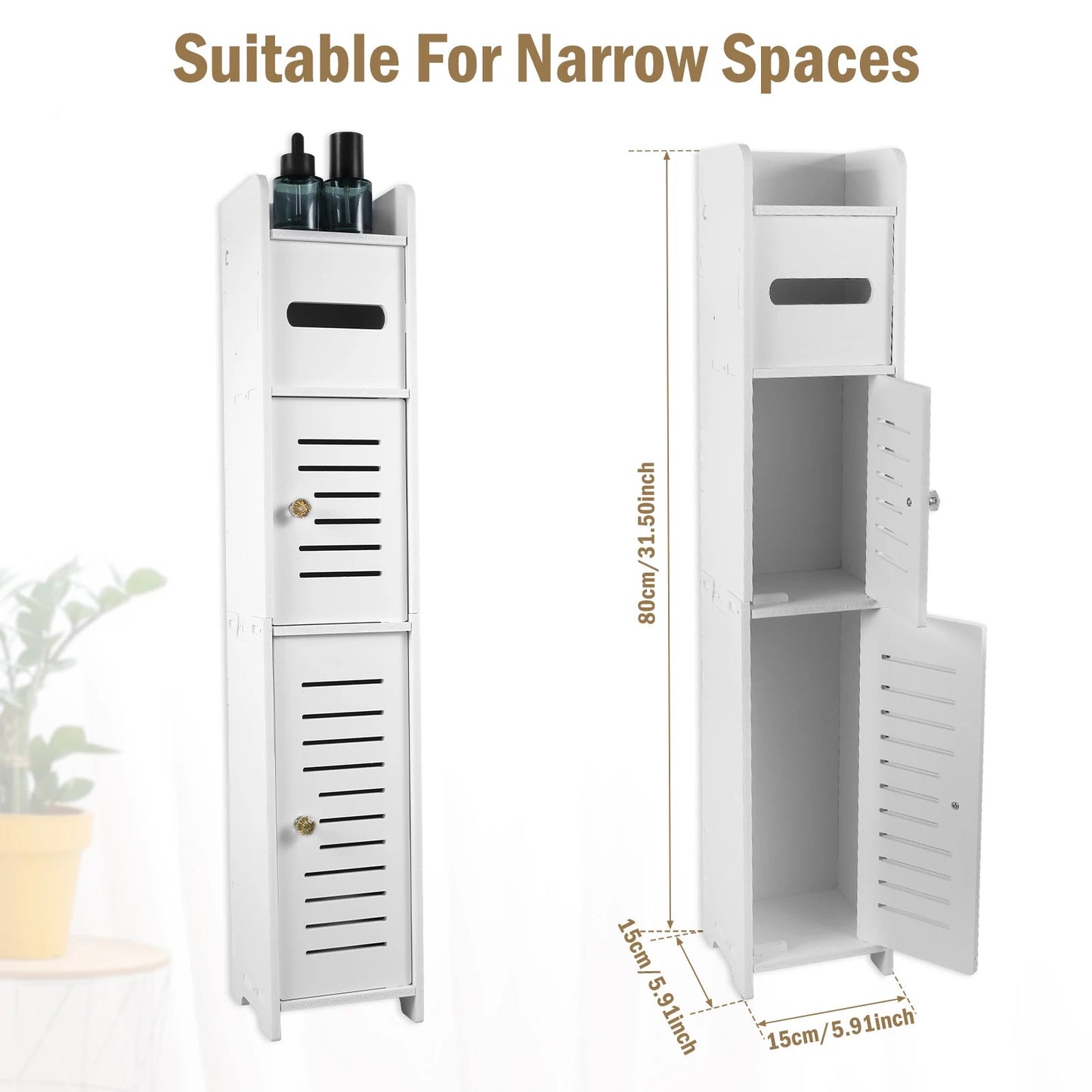 Narrow White Bathroom Storage Cabinet