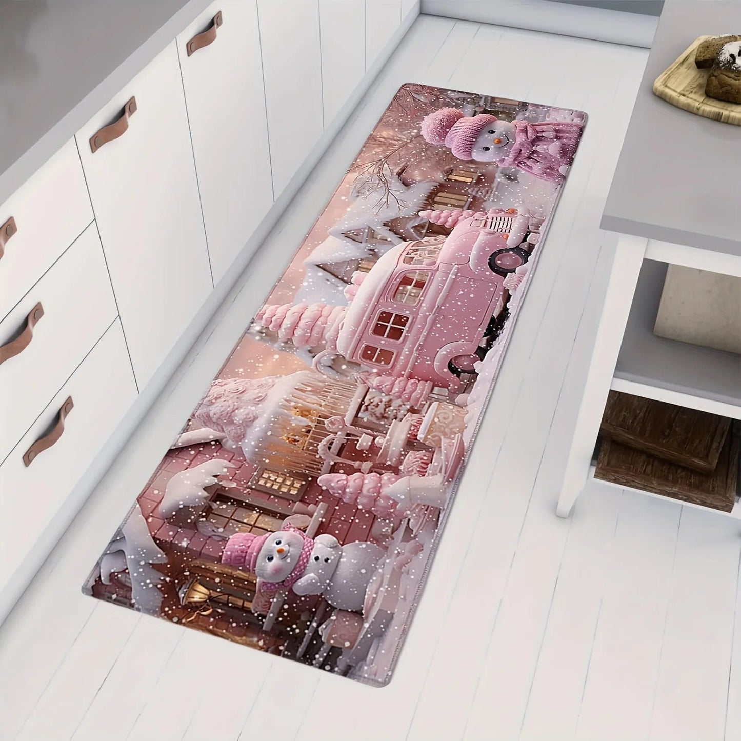 Pink Snowman Non-slip Kitchen Mat