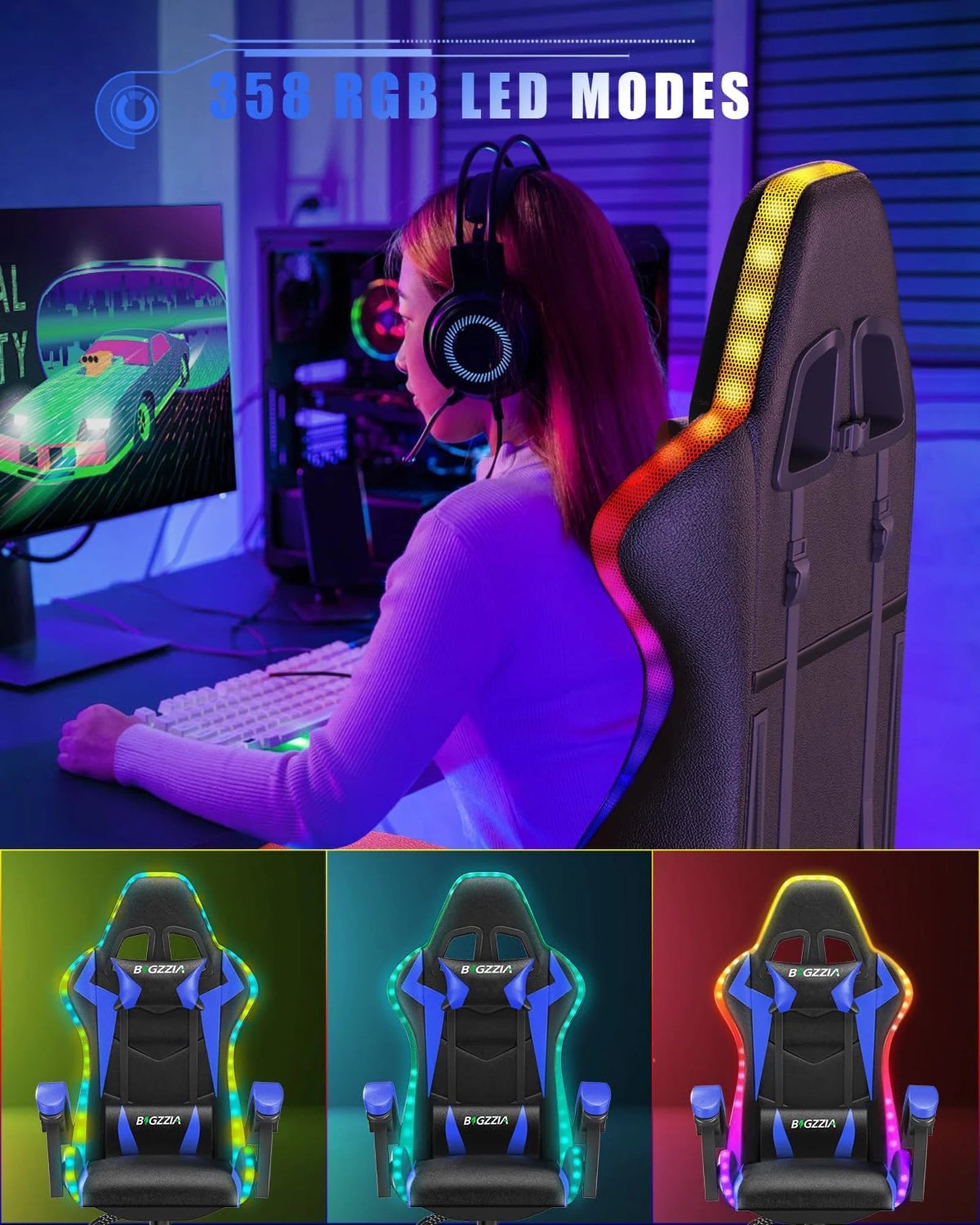 RGB LED Gaming Chair Ergonomic Leather