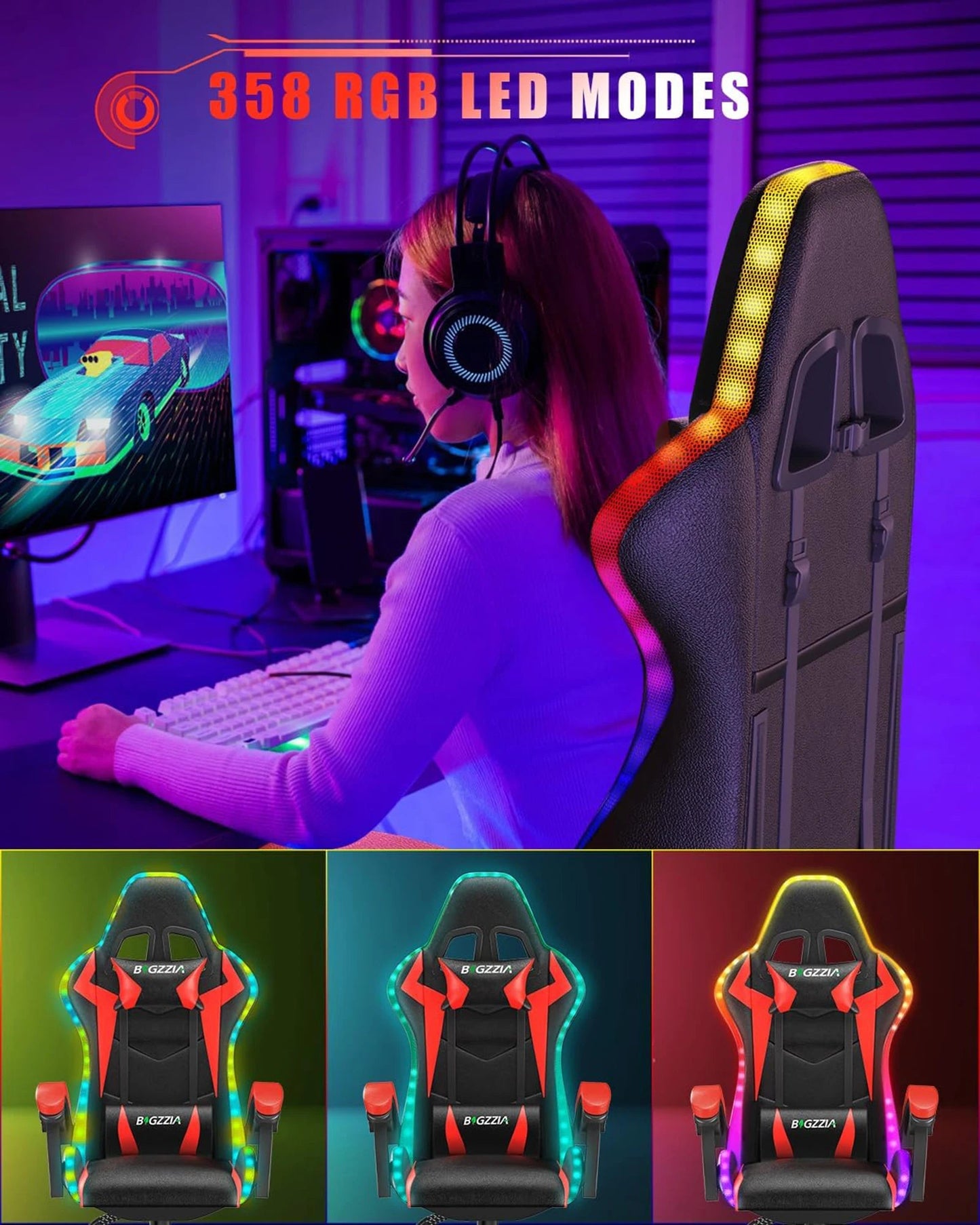 RGB LED Gaming Chair Ergonomic Leather