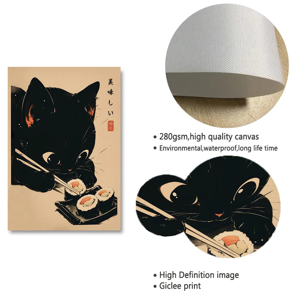 Retro Black Cat Sushi Art