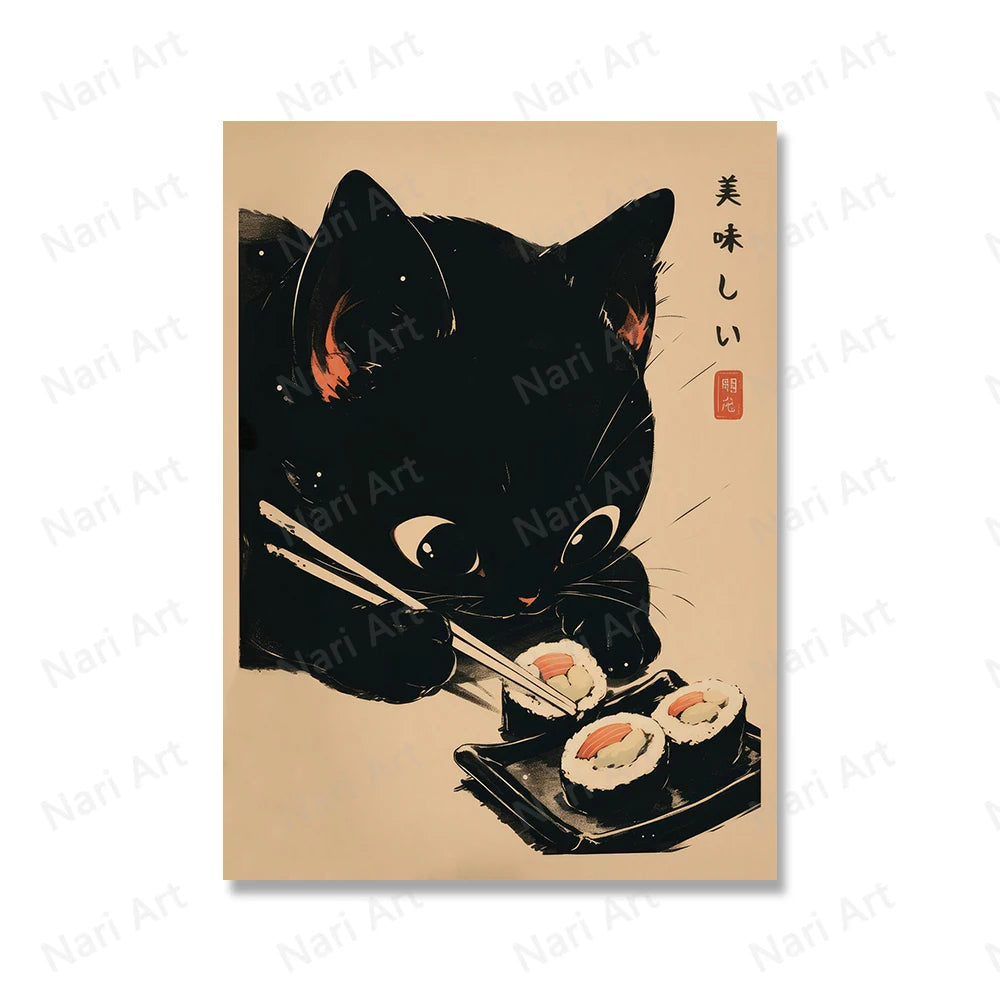 Retro Black Cat Sushi Art