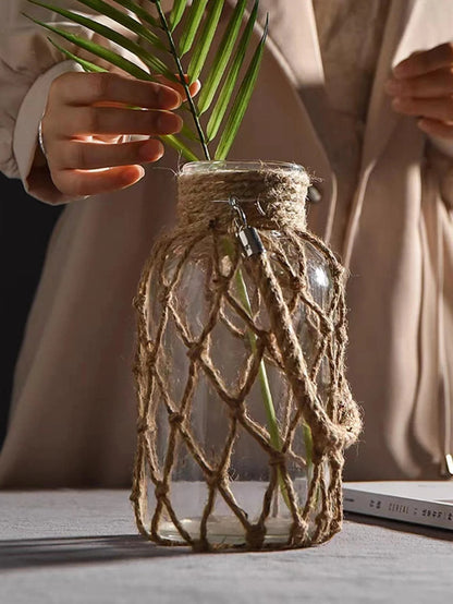 Rustic Glass Hanging Vase with Rope