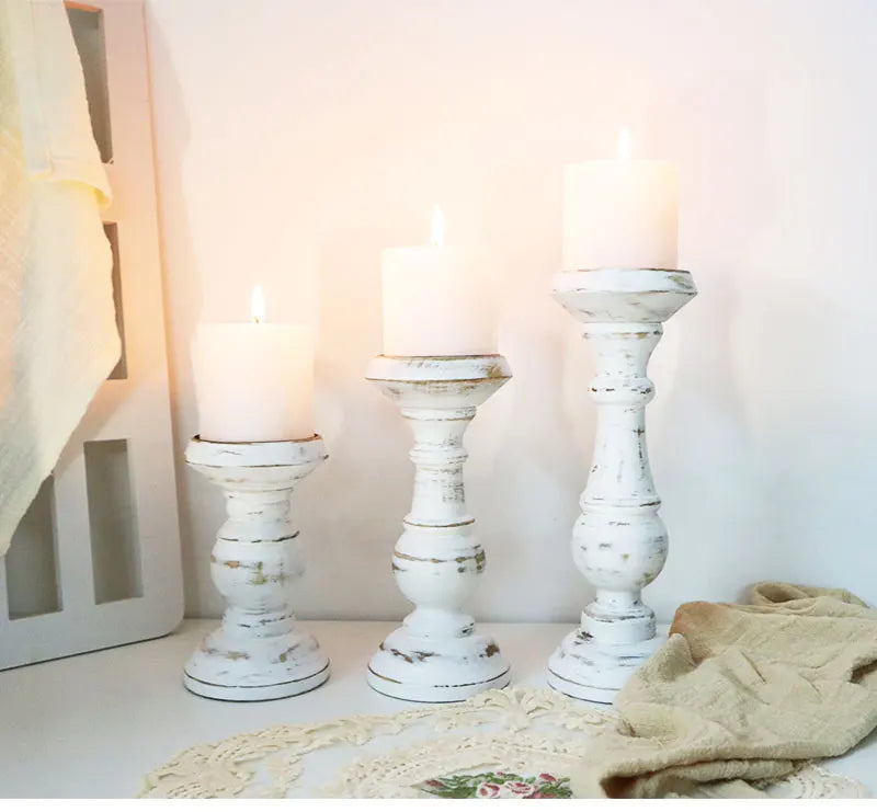 Rustic White Wood Candle Holders