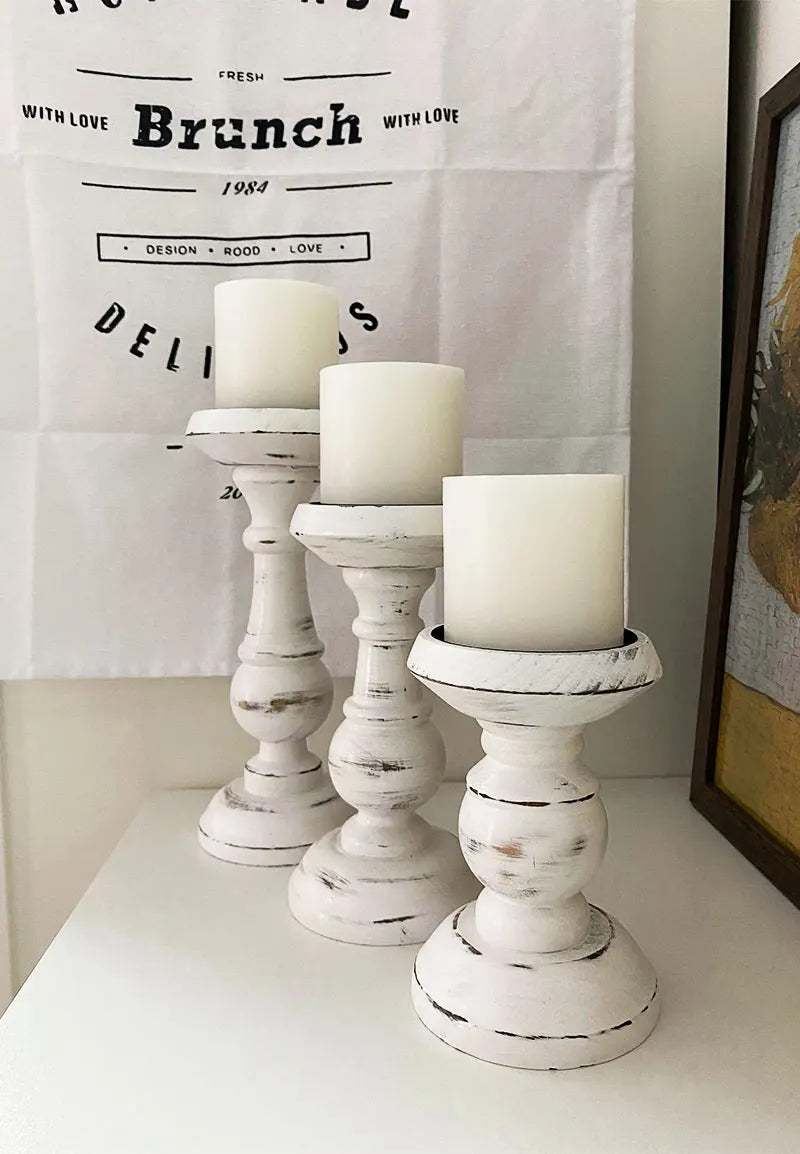 Rustic White Wood Candle Holders