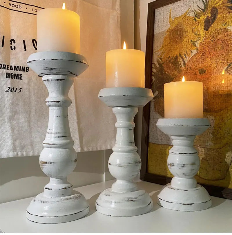 Rustic White Wood Candle Holders