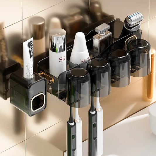 DecorBites™ Inverted Toothbrush Holder with Automatic Toothpaste Squeezer & Makeup Storage Rack