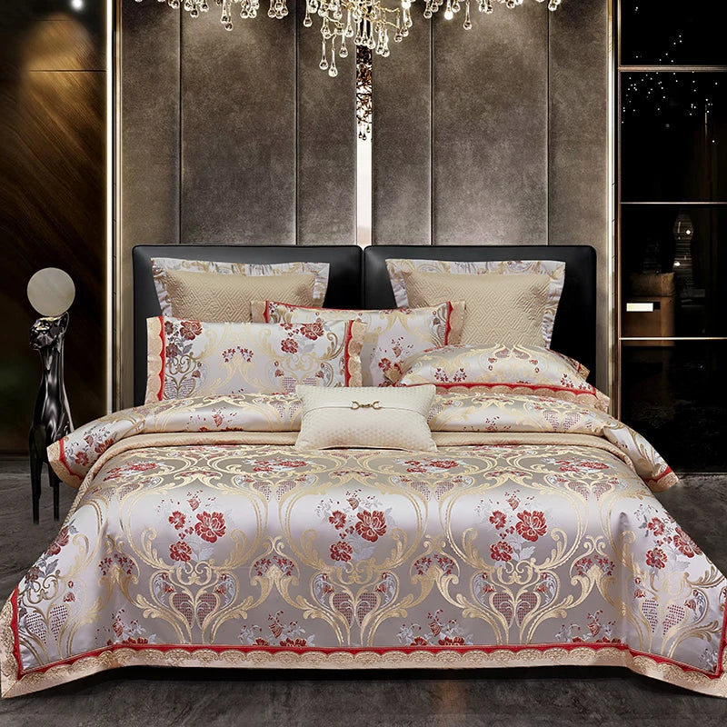 Decobites Silky Satin Jacquard Cotton Bedding Set, Luxury European Style, 4 or 6 Pcs