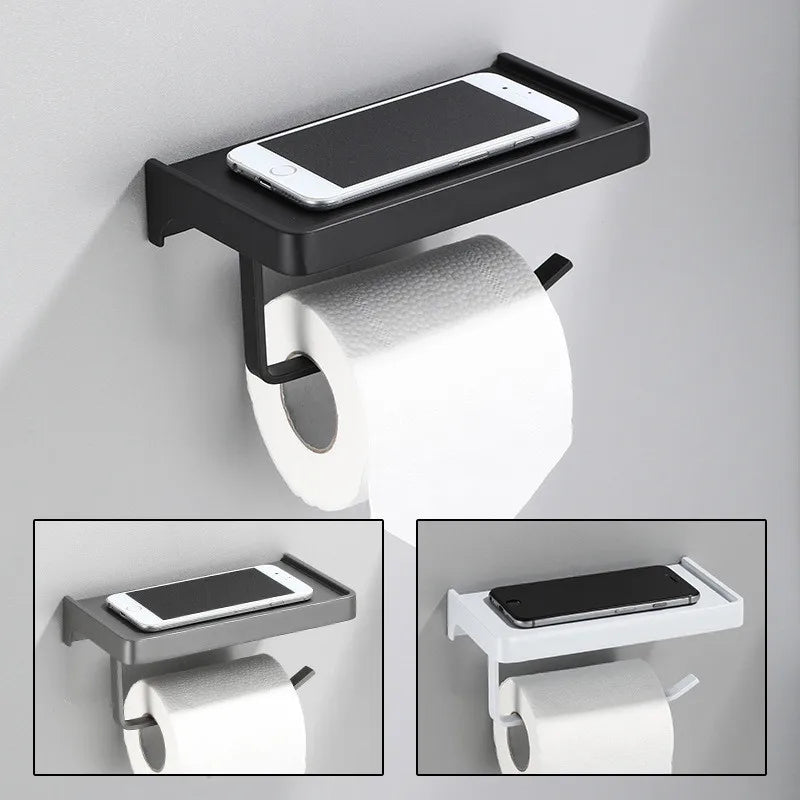 DecorBites™ Aluminum Gray Bathroom Paper Roll Holder with Phone Shelf, Tissue Box Rack