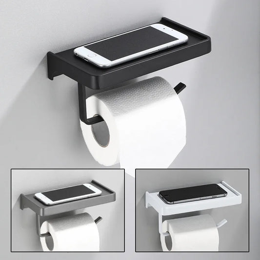 DecorBites™ Aluminum Gray Bathroom Paper Roll Holder with Phone Shelf, Tissue Box Rack