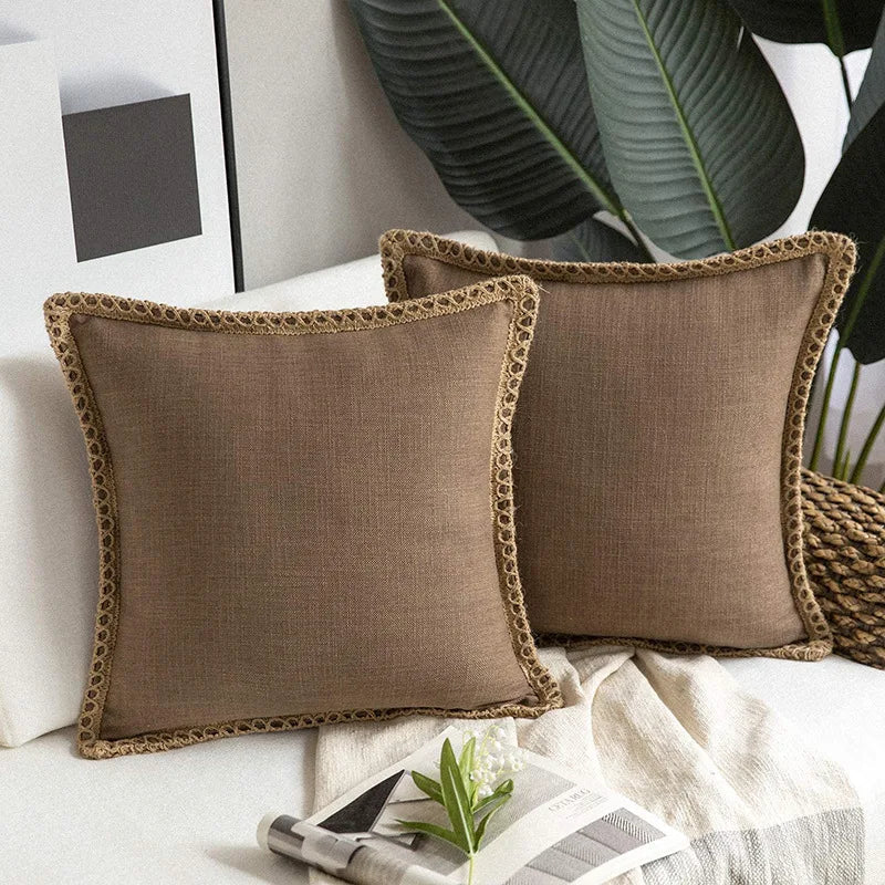 DecorBites™ Hemp Rope Edging Lotus Leaf Hug Pillowcase - Medium Cotton Linen Cushion Cover