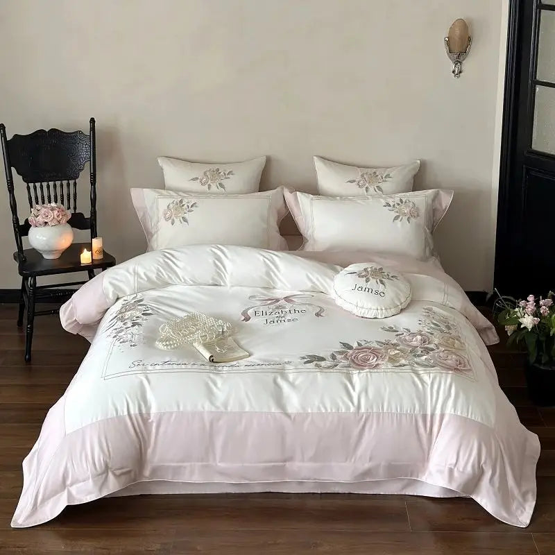 Decobites Peony Flowers Embroidery Princess 1000TC Egyptian Cotton Bedding Set 4Pcs