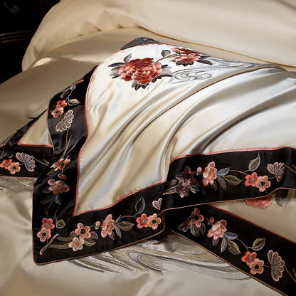 Decobites Champagne Flowers Embroidery Luxury Bedding Set - Satin Brocade Cotton Bedding