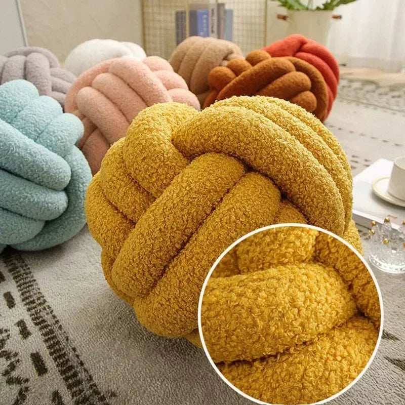 Decobites Lamb Fleece Sofa Bed Pillows, High-End Knotted Ball Cushions for Elegant Living Room Decor