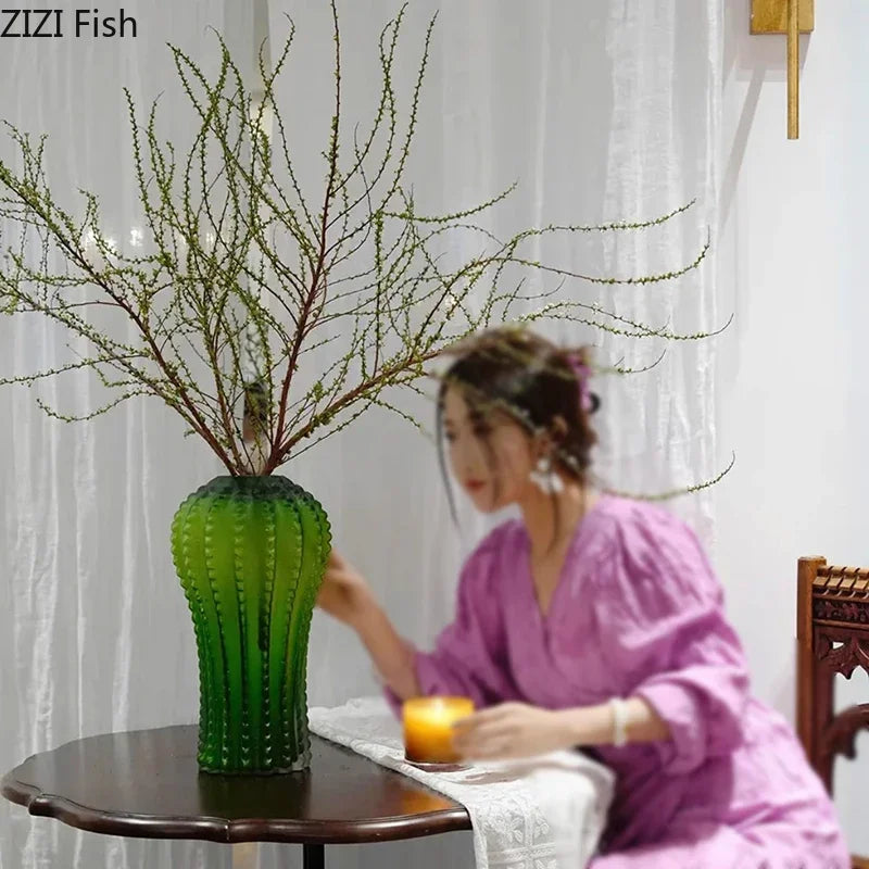 DecorBites™ Cactus Frosted Glass Vase Table Decoration Artificial Flower Arrangement