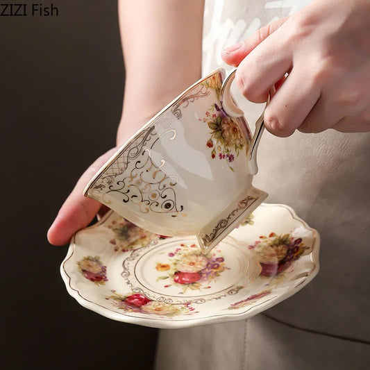 DecorBites™ Lace Edge Flower Ceramic Cup & Saucer Set - Gold-plated Teacup for Dining Table