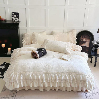 DecorBites™ Lace Ruffles Velvet Wedding Bedding Set with Carved Details