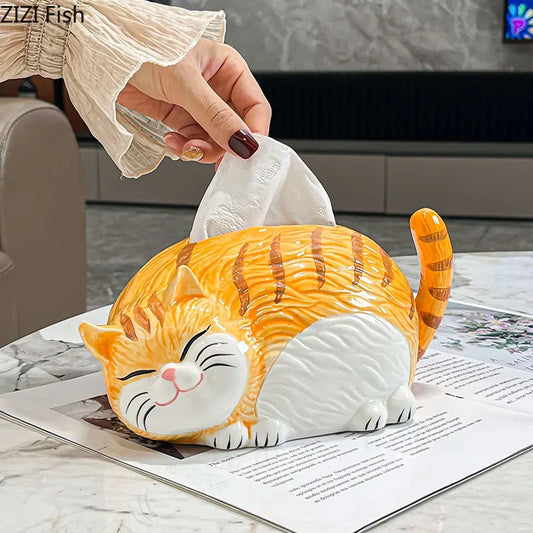 DecorBites™ Cartoon Ginger Cat Ceramic Tissue Box - Creative Desk Decoration & Paper Towel Case