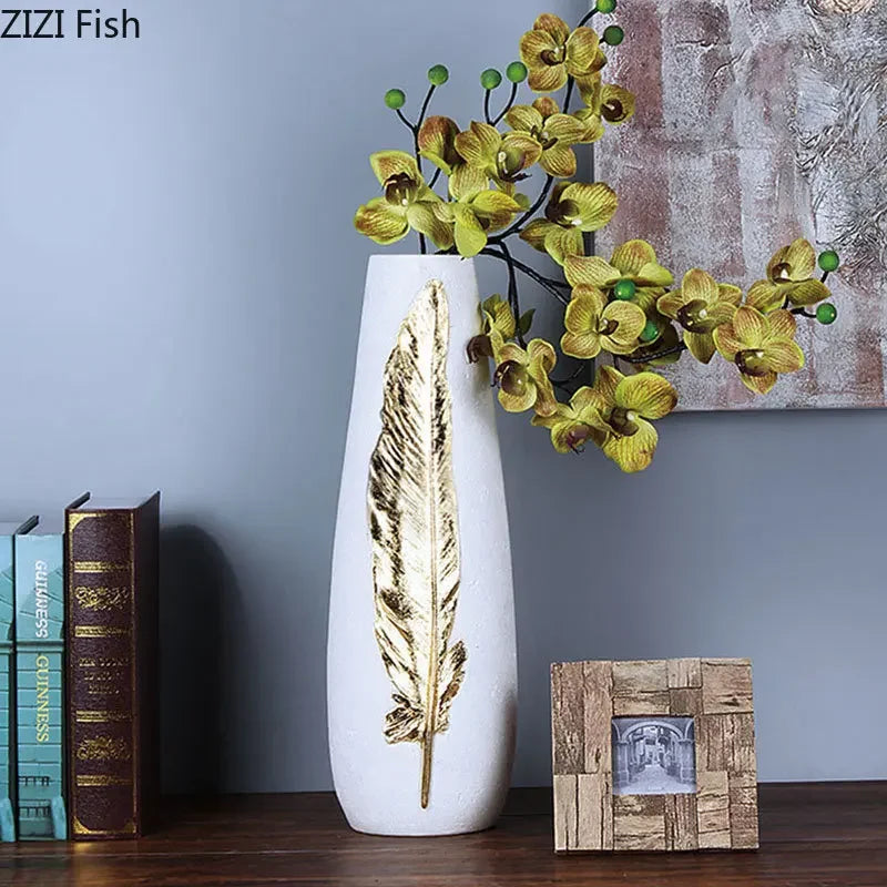 Juego de Jarrón de Pluma Dorada Decorbites™ y Flores Artificiales - Decoración Moderna para el Hogar