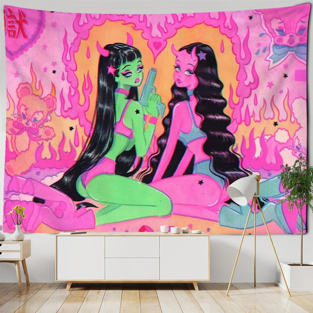Decorbites™ Tapiz para Mujeres Kawaii Ilustración de Chica Anime Arte Estético Decoración Hippie para Dormitorio