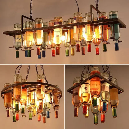 DecorBites™ Industrial Metal Wine Bottle Chandelier for Coffee Shop Bar LED Decor