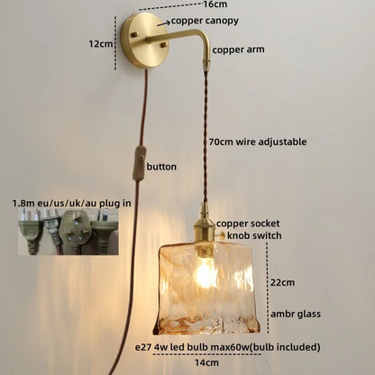 DecorBites™ Glass Copper LED Wall Lights with Knob Switch, Modern Bedside Lamp