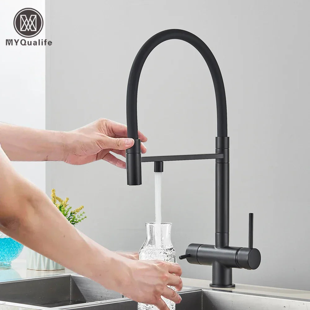 Grifo de cocina filtrado negro Decorbites™ de latón con doble manija para agua pura mezcladora