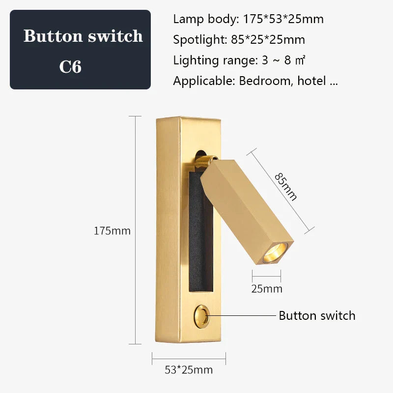 DecorBites™ Black Brass Wall Sconce with USB Port and Switch, 3W Spotlight for Bedroom