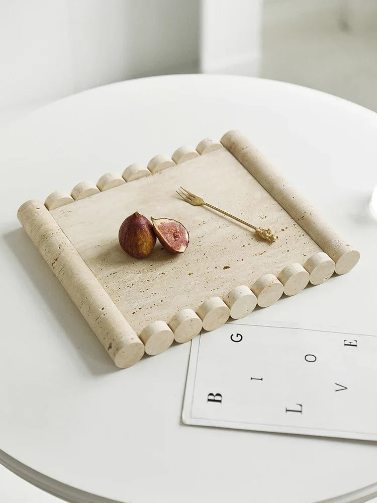 DecorBites™ Beige Travertine Marble Serving Tray - Vintage Natural Stone Plate for Hotel, Party, Snacks