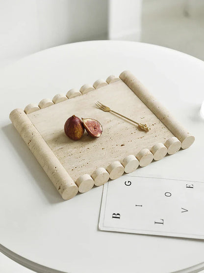 DecorBites™ Beige Travertine Marble Serving Tray - Vintage Natural Stone Plate for Hotel, Party, Snacks