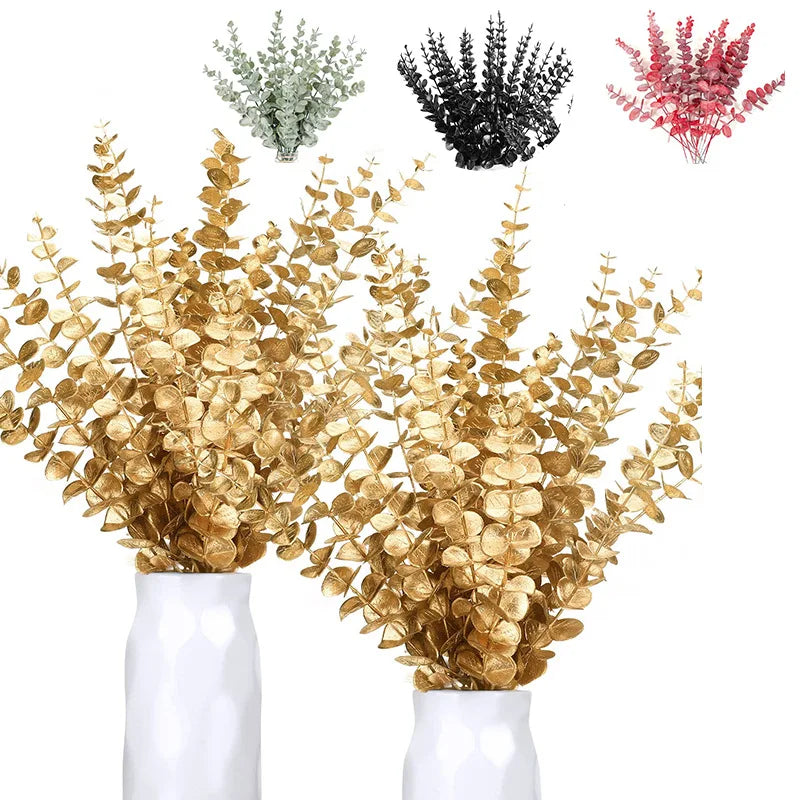 Decorbites™ Tallo de Hojas de Eucalipto Dorado x10 - Decoración Artificial de Boda Otoñal DIY