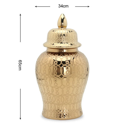 DecorBites™ Golden Pattern Porcelain Ginger Jar Vase with Lid for Home Decor